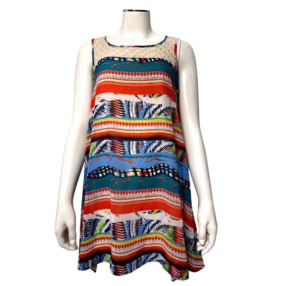 Ali Miles Sheer Colorful Hi Low Tunic Tank Top Lace Neck Line Cotton Nylon Sz S - Picture 1 of 10